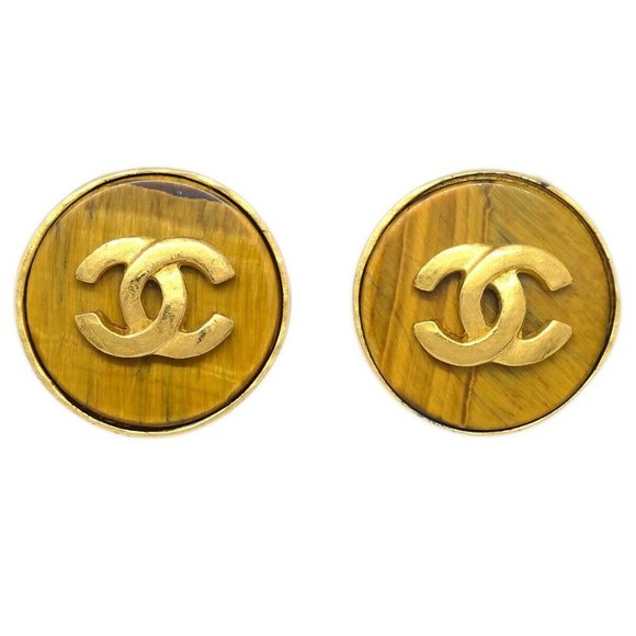 Auth Chanel Button Earrings Clip-On Brown Gold - Picture 1 of 4